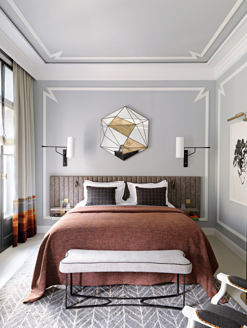 Jean-Louis Deniot Bedroom inspirations with the a white walls and sheets plus a luxury mirror on top of the bed with a brown sheet