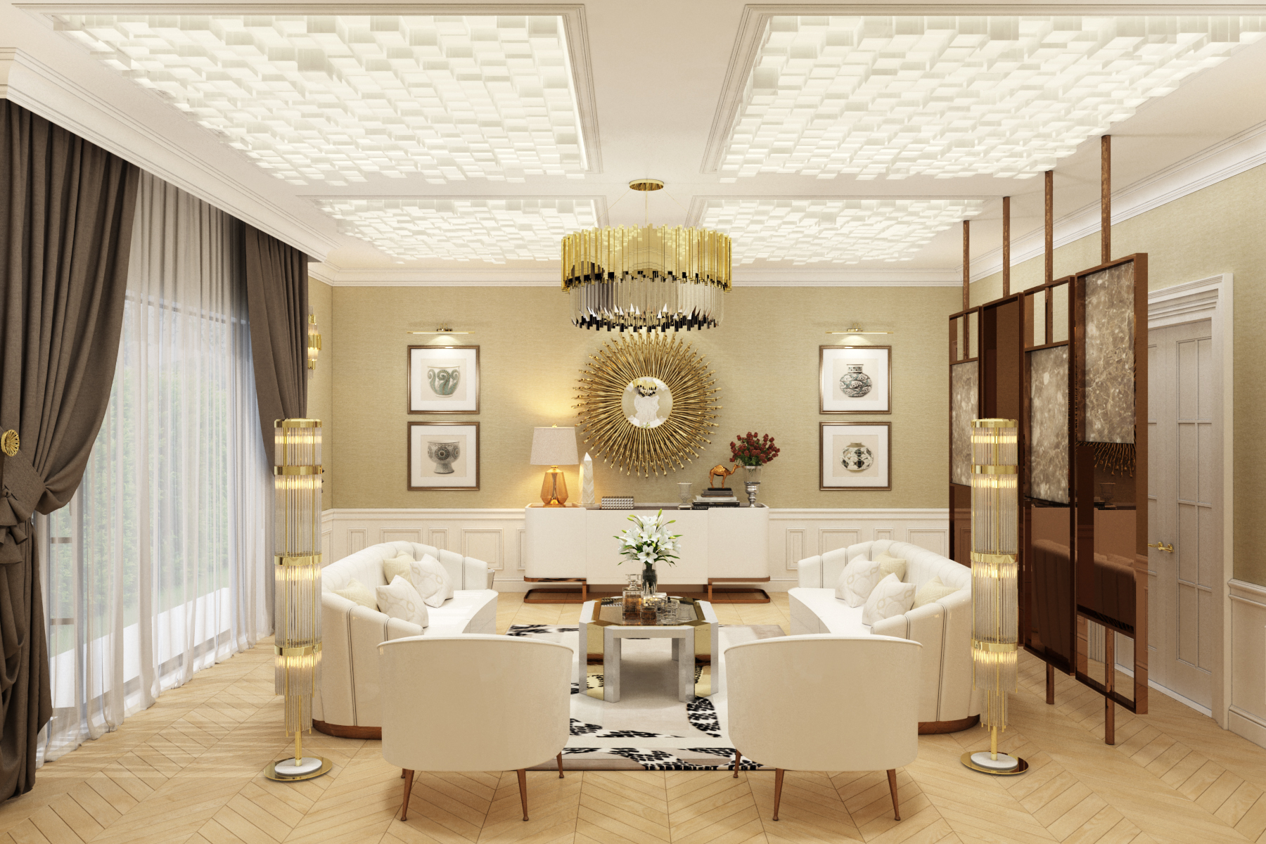A marvelous living room with stunning golden accents
