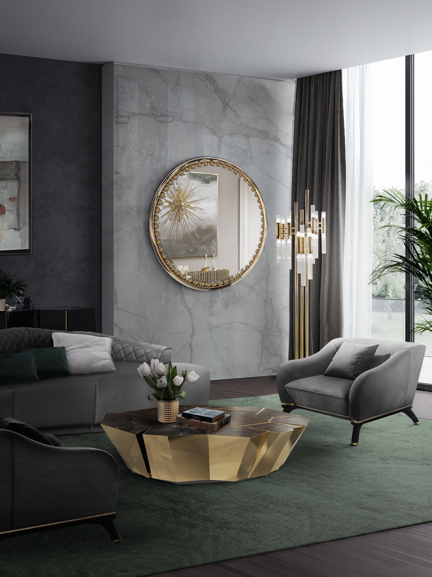 golden center table in greyish living room design
