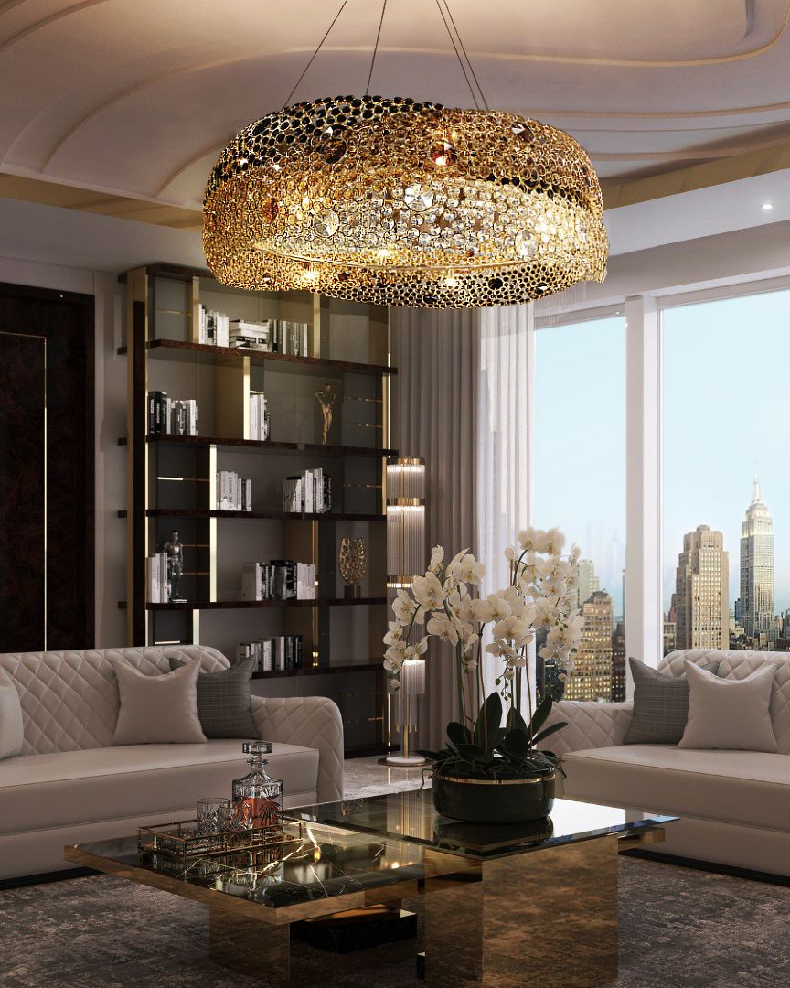 extravagant living room with golden chandelier
