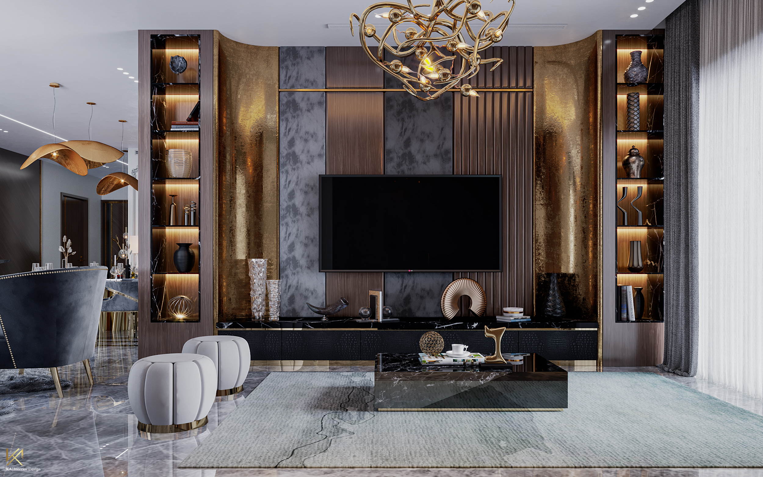 luxury living room in dark colors and golden details