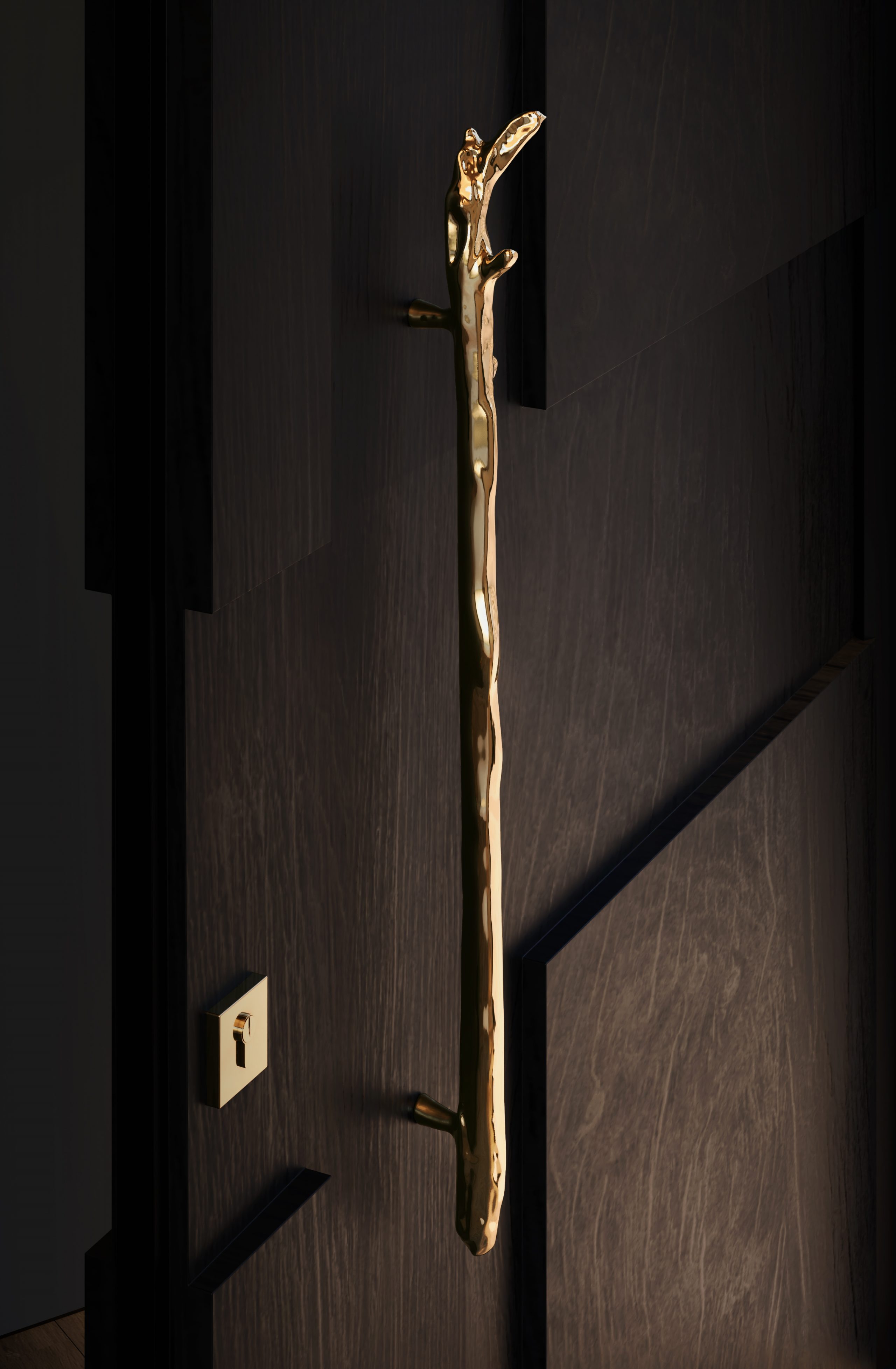 IN TUNE WITH THE ALPINE LODGE TREND - THE EPITOME OF WINTER ELEGANCE - twig door pull, by pullcast, in gold plated brass