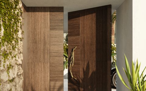 Flow Big Sized Door Pull by PullCast featured on an Entryway. A strong wood door combines to perfection with the polished brass door hardwarebold design