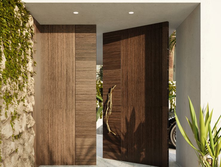 Flow Big Sized Door Pull by PullCast featured on an Entryway. A strong wood door combines to perfection with the polished brass door hardwarebold design