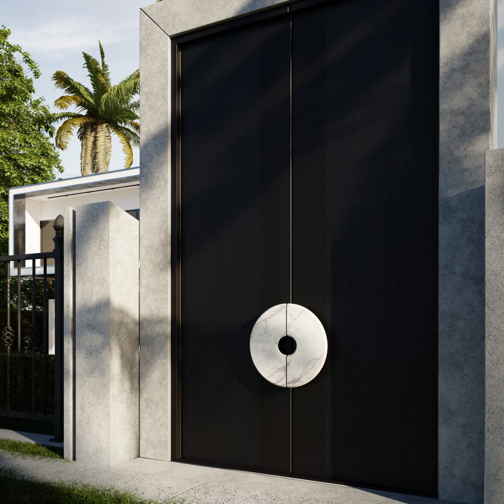 Stunning entryway enhanced by the Hendrix Door Pull, shaped has a vinyl record