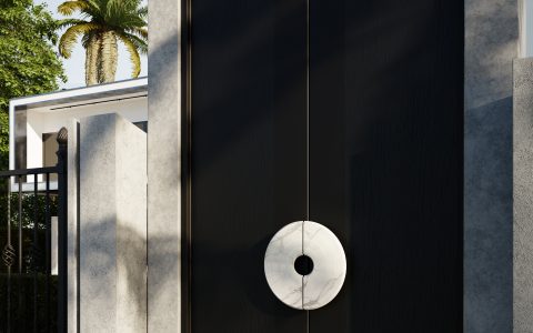 Stunning entryway enhanced by the Hendrix Door Pull, shaped has a vinyl record