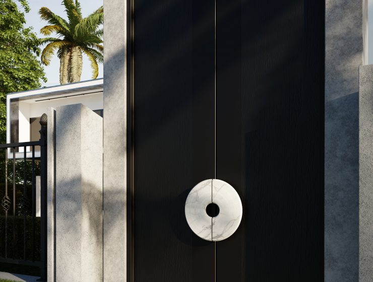 Stunning entryway enhanced by the Hendrix Door Pull, shaped has a vinyl record