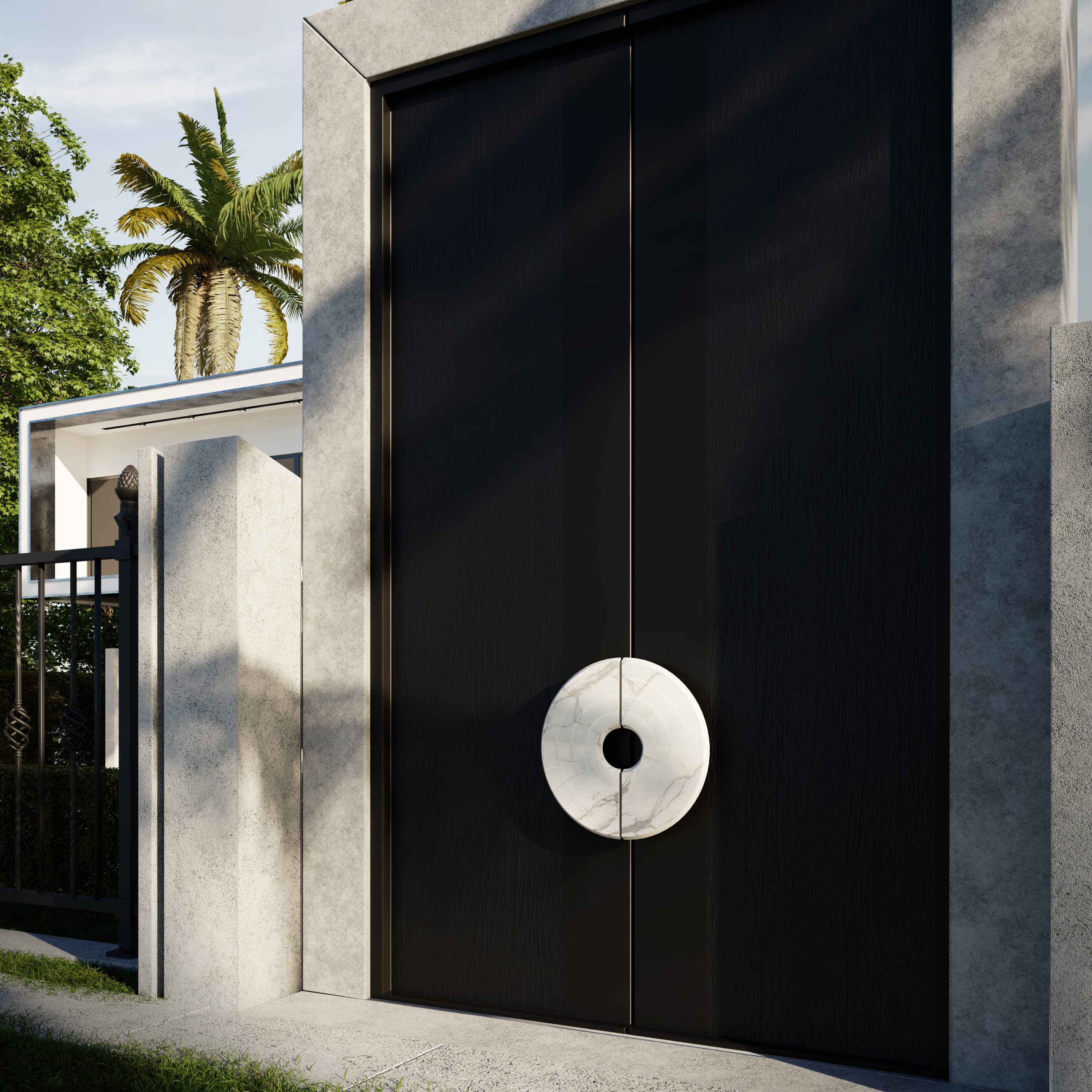 Stunning entryway enhanced by the Hendrix Door Pull, shaped has a vinyl record