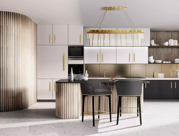 Luxxu's kitchen design project, "Golden Kitchen, highlighted with Skyline hardware, by PullCast. Here you can find the Skyline Door Pull and the Skyline cabinet handles adorning this sleek cabinetry.