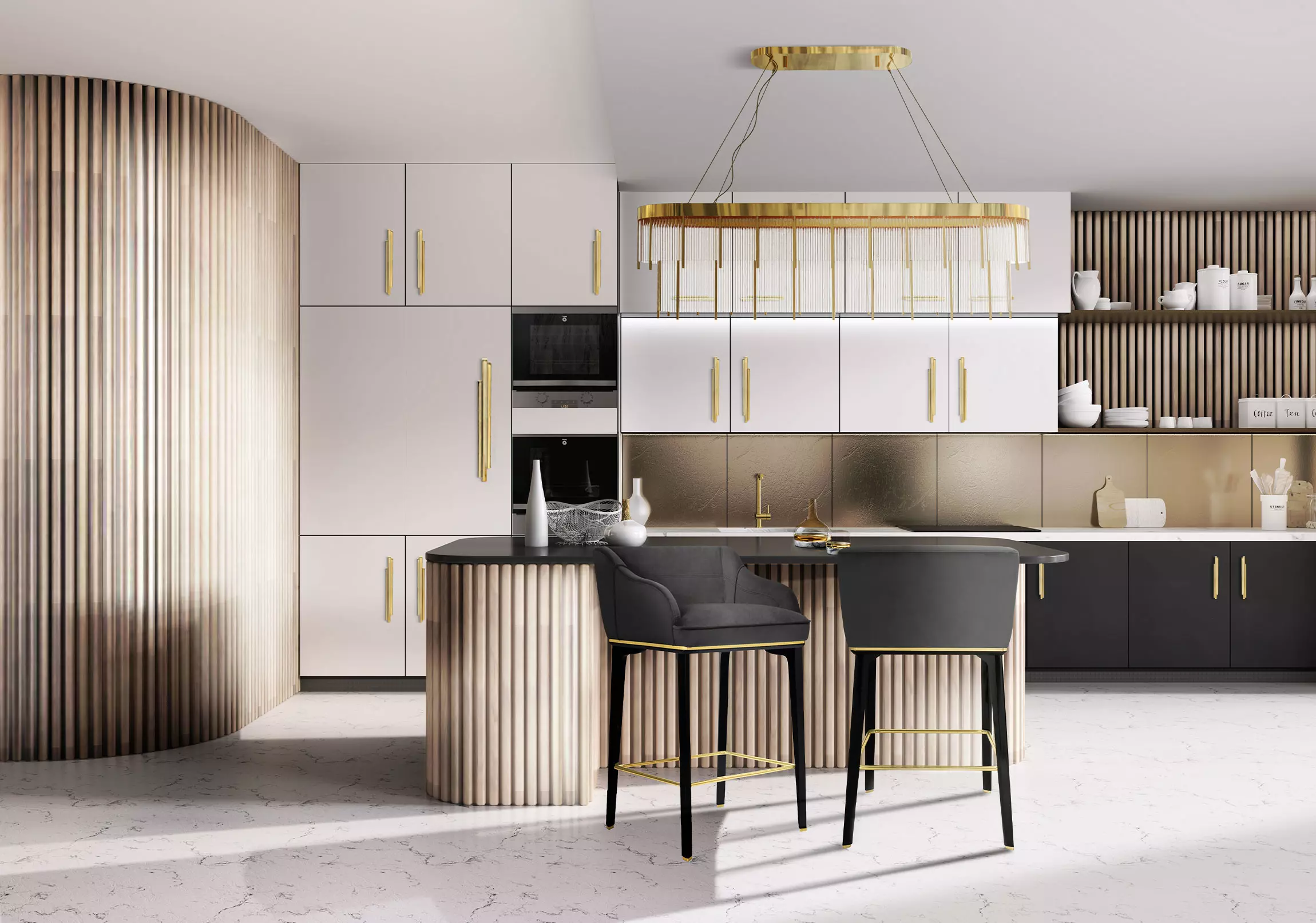 Luxxu's kitchen design project, "Golden Kitchen, highlighted with Skyline hardware, by PullCast. Here you can find the Skyline Door Pull and the Skyline cabinet handles adorning this sleek cabinetry.