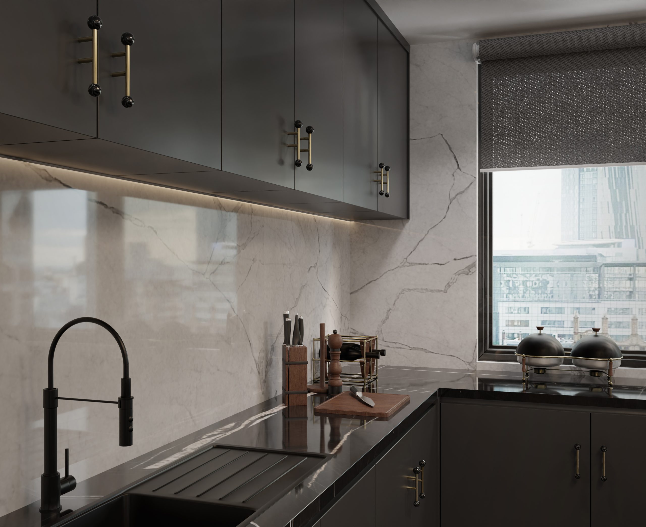 the Quantum Handles featured in a modern and sophisticated kitchen decor